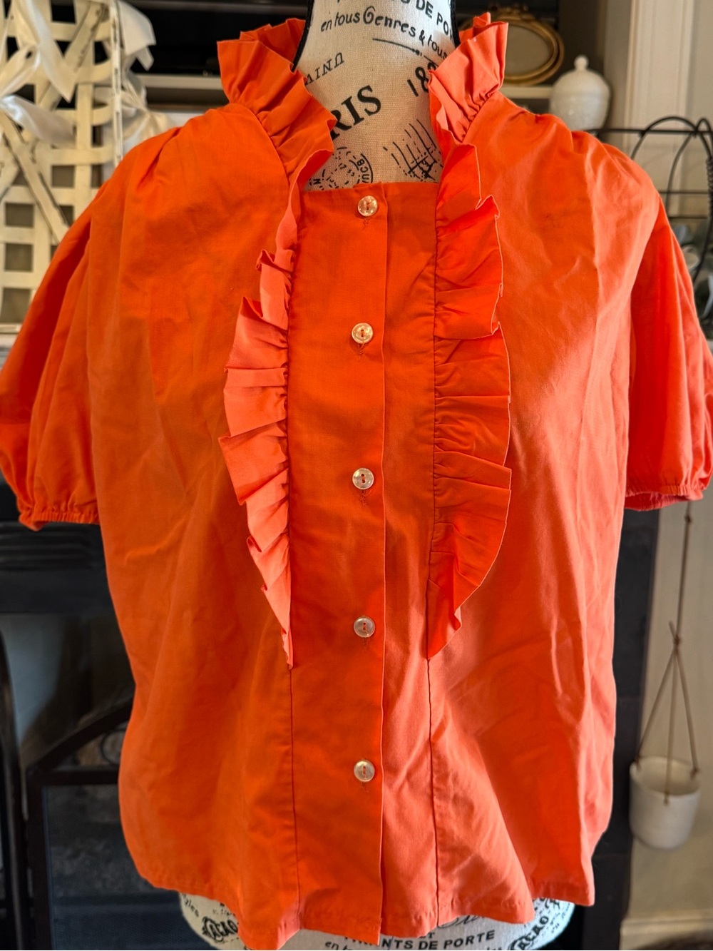Vintage Orange Western Square Dance Ruffle Button Front Top Puff Sleeve Medium